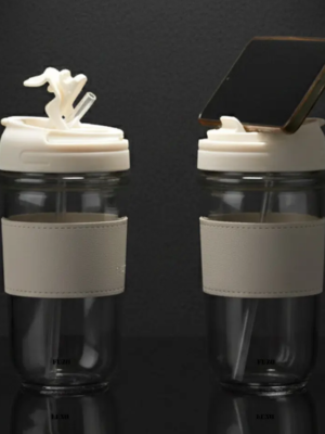 FlipSip Glass Mug with Dual Sipper Lid & Mobile Stand